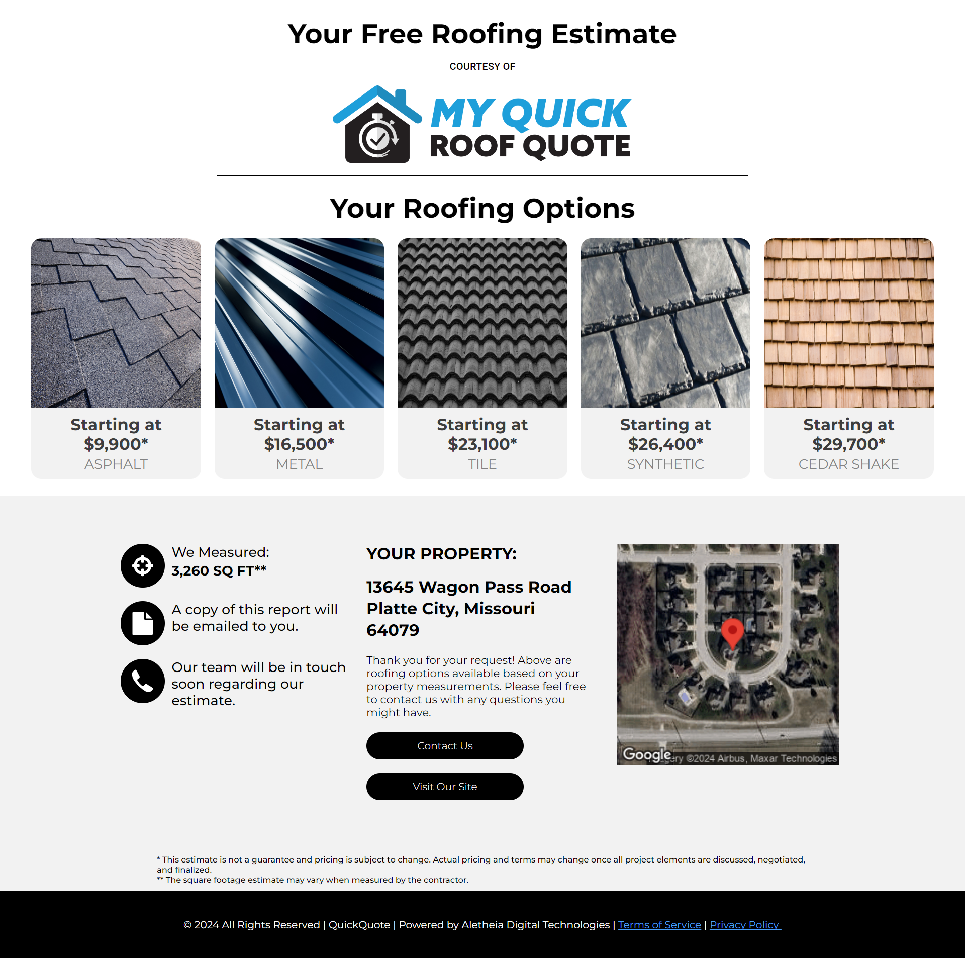 Sample Estimate Report from My Quick Roof Quote