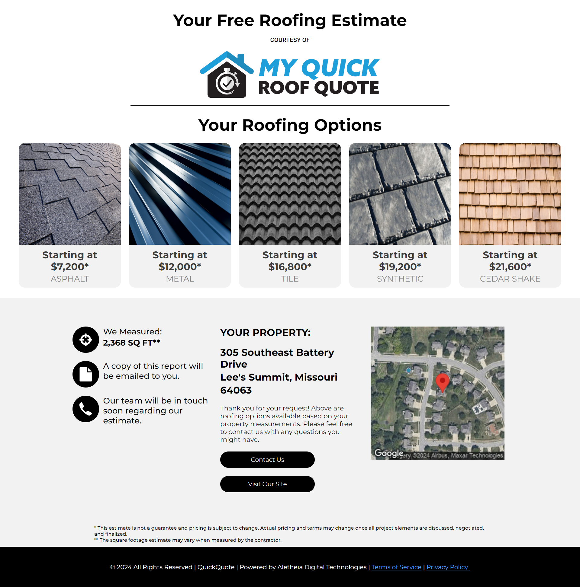 Sample Estimate Report from My Quick Roof Quote