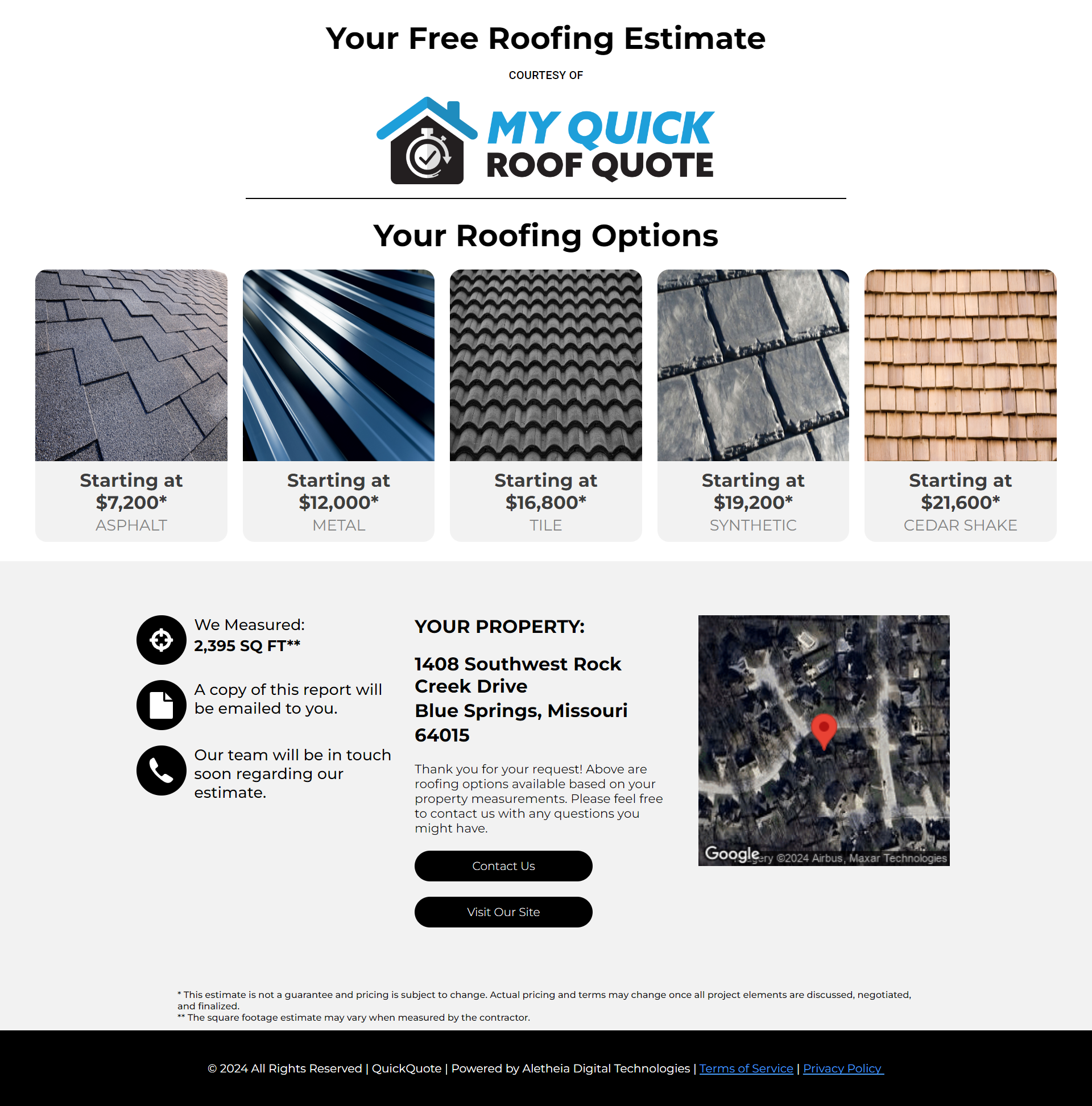 Sample Estimate Report from My Quick Roof Quote