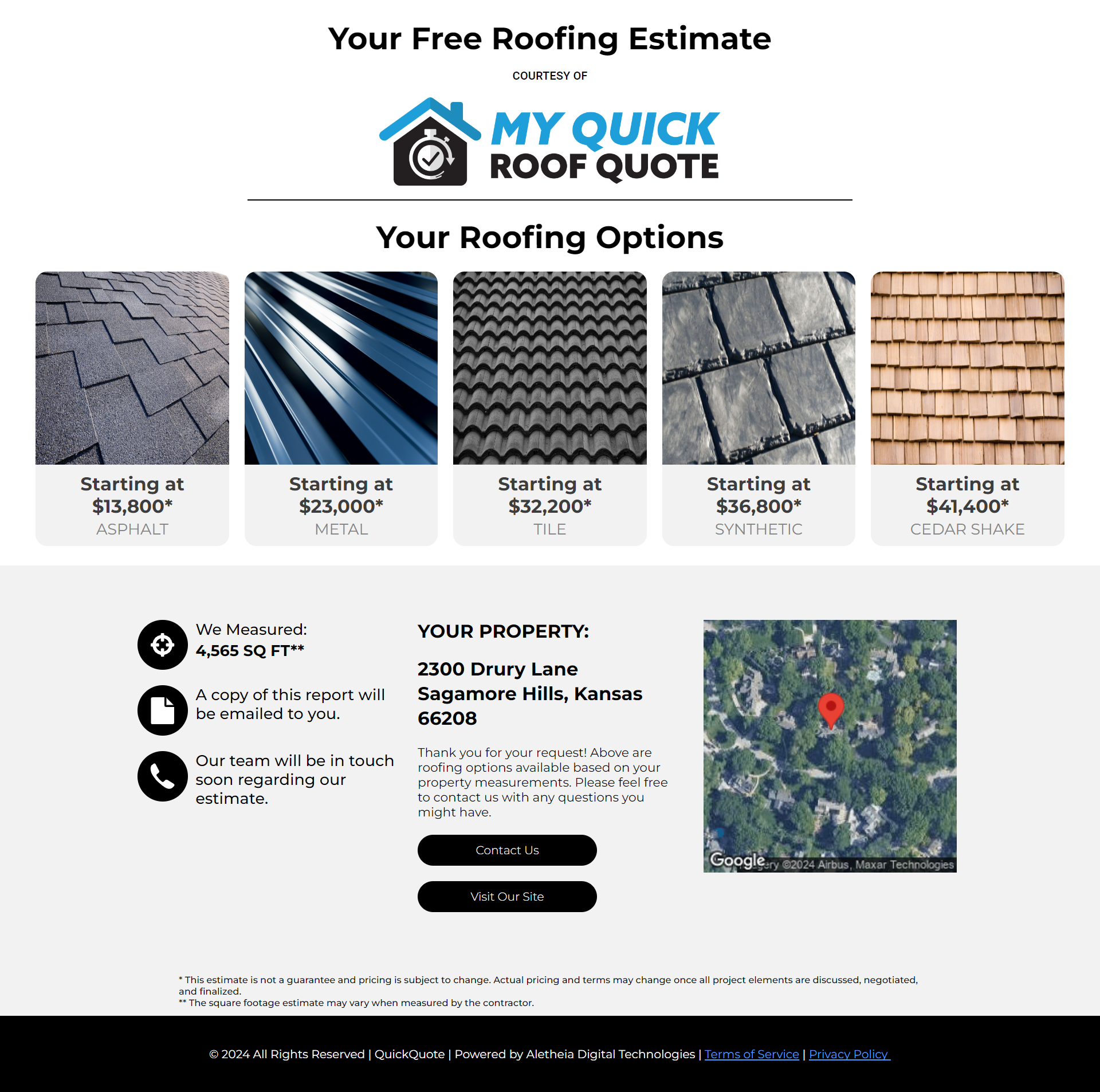 Sample Estimate Report from My Quick Roof Quote