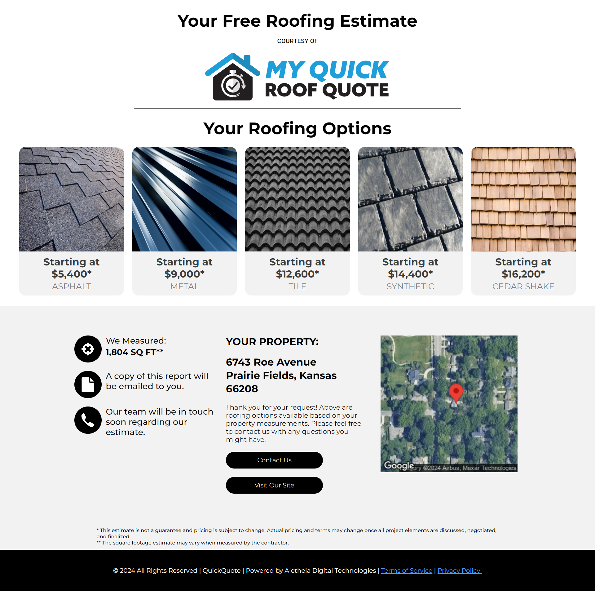 Sample Estimate Report from My Quick Roof Quote