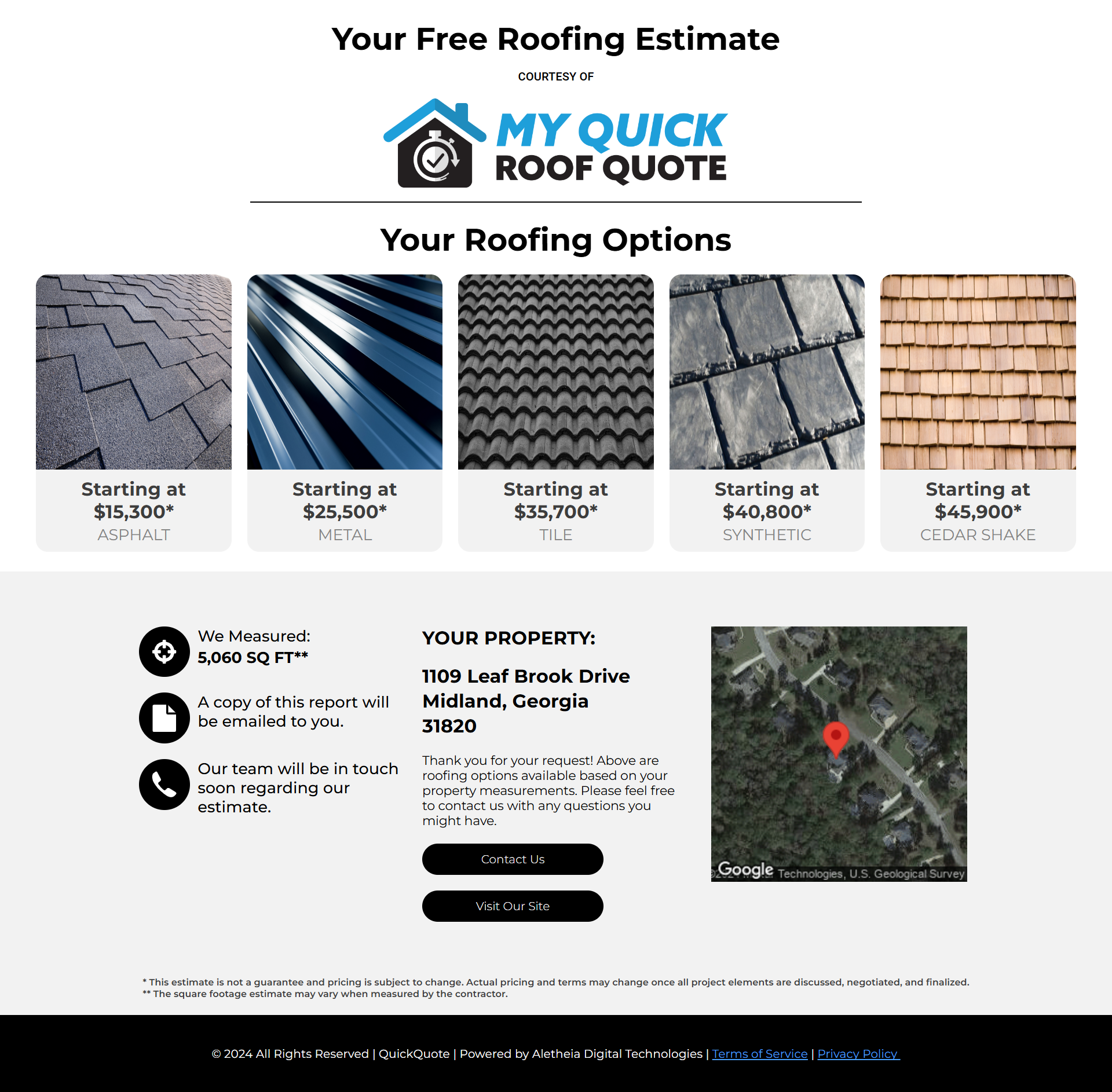 Sample Estimate Report from My Quick Roof Quote