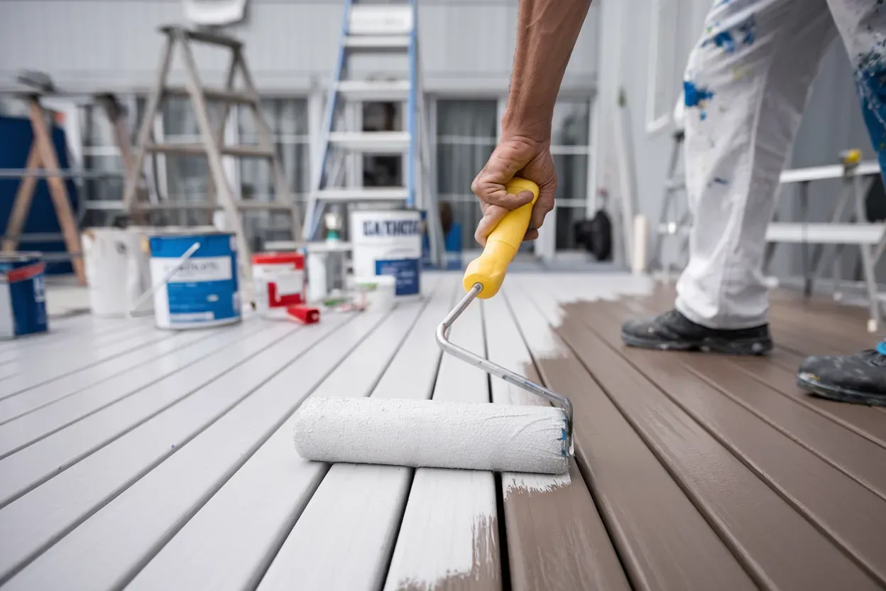 A man is painting a wooden deck with a paint roller.
