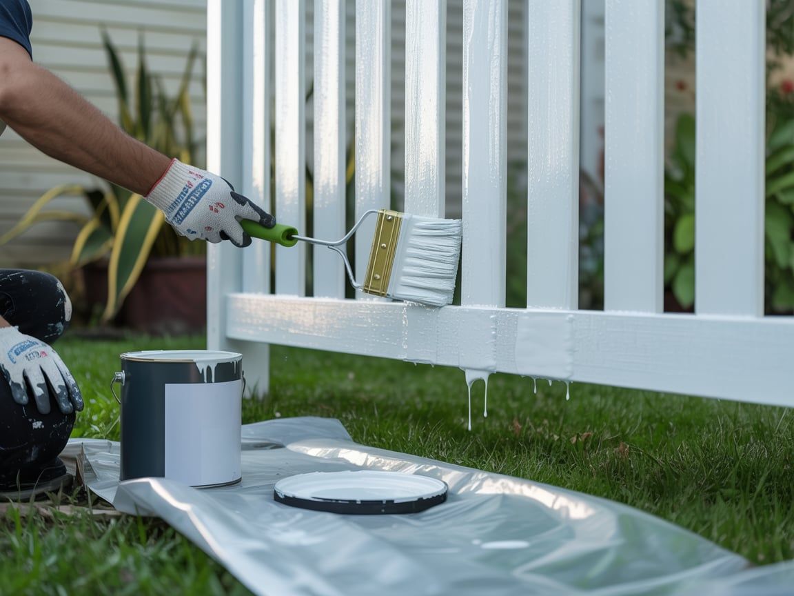 Person painting a white picket fence with a brush and roller outdoors.