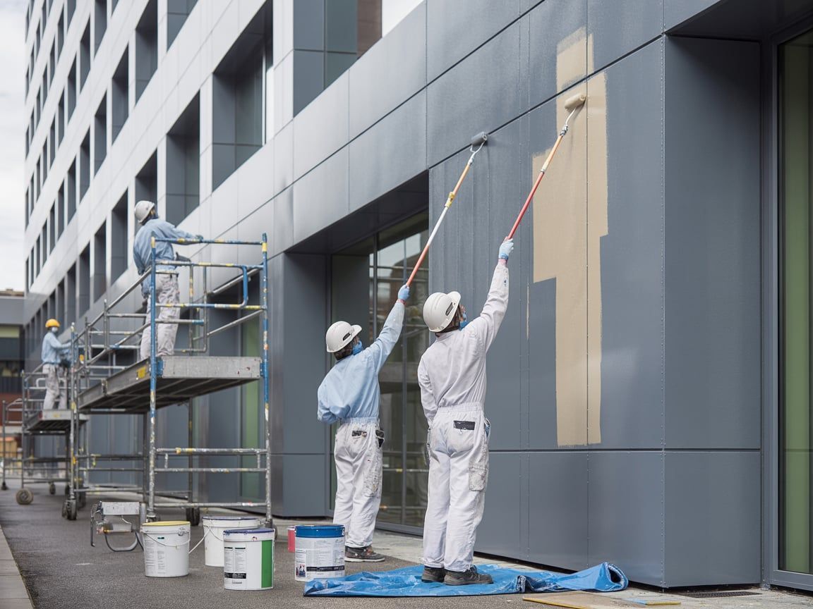 Construction workers painting a building exterior with long-handled rollers. They wear white coveralls and helmets.