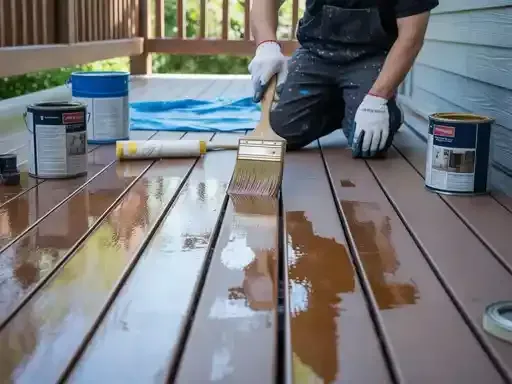 Person applying stain to wooden deck with a brush.