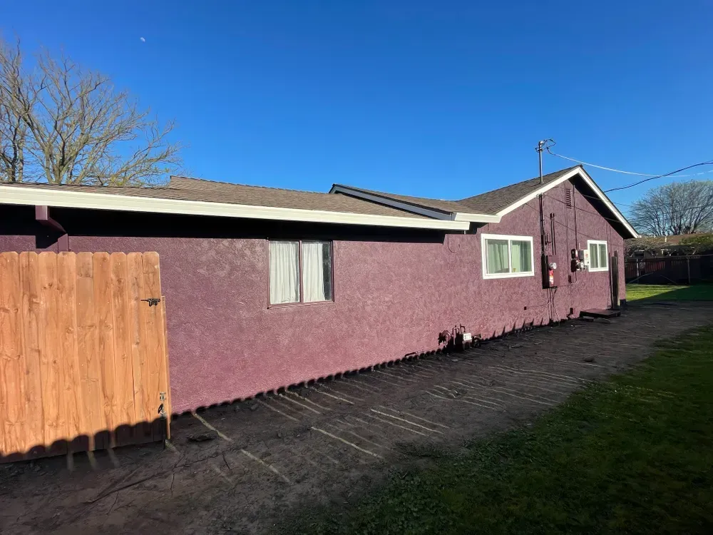 Purple house with a wooden fence on the left, black driveway, and green lawn under a blue sky.