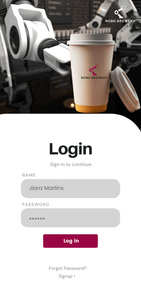 Login screen with robot arm and coffee cup in background. Username and password fields, magenta 