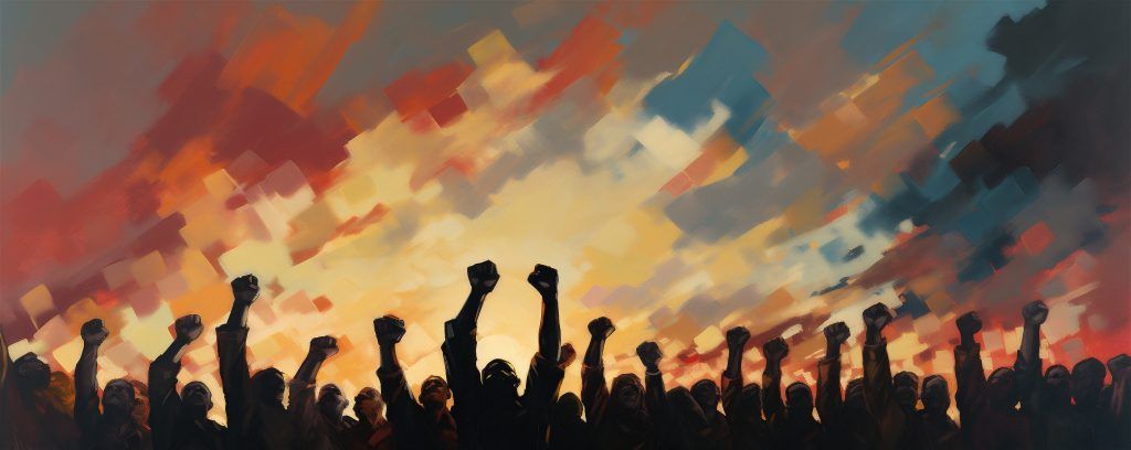 A painting of a crowd of people standing in front of a cloudy sky.