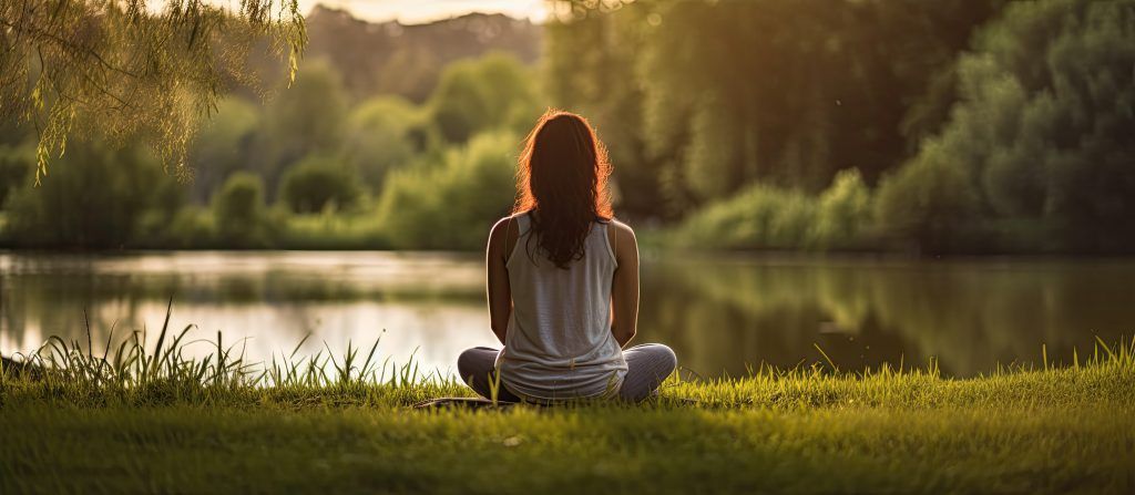 A woman is sitting in a lotus position in front of a lake.