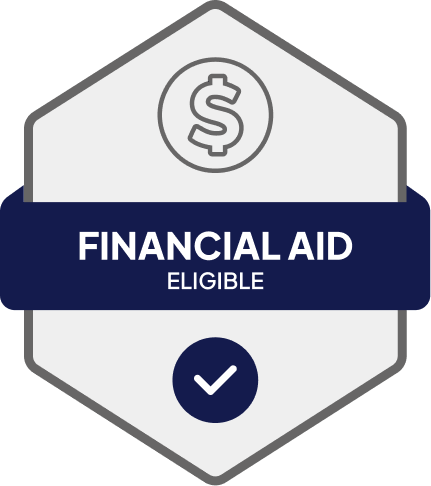 Badge: Financial Aid Eligible, blue banner, building icon, dollar sign.