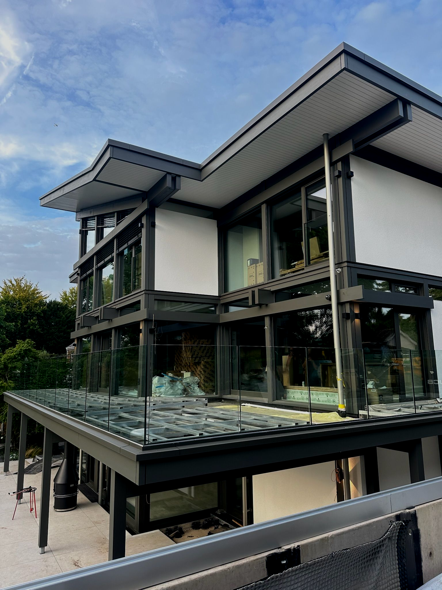 Modern house with black frame, glass walls, and a flat roof against a cloudy sky.