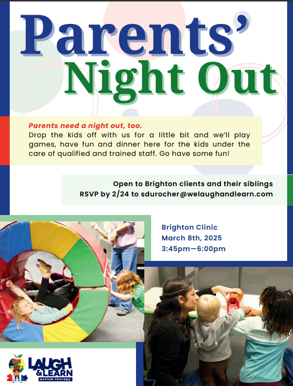 A poster for parents night out shows a woman talking to a group of children