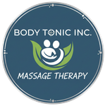Circular logo for Body Tonic Inc. Massage Therapy, featuring a white icon of two figures within a green leaf on blue.