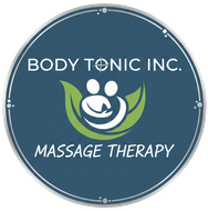 Circular logo for Body Tonic Inc. Massage Therapy, featuring a white icon of two figures within a green leaf on blue.