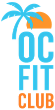 Logo for OC Fit Club: Blue text with a palm tree and orange sun.