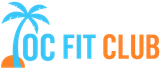 Logo of OC Fit Club: palm tree in front of "OC FIT CLUB" text. Blue and orange color scheme.