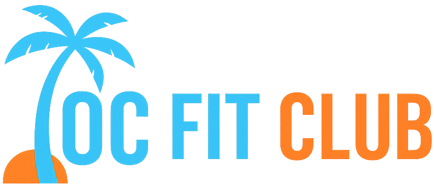Logo of OC Fit Club: palm tree in front of "OC FIT CLUB" text. Blue and orange color scheme.