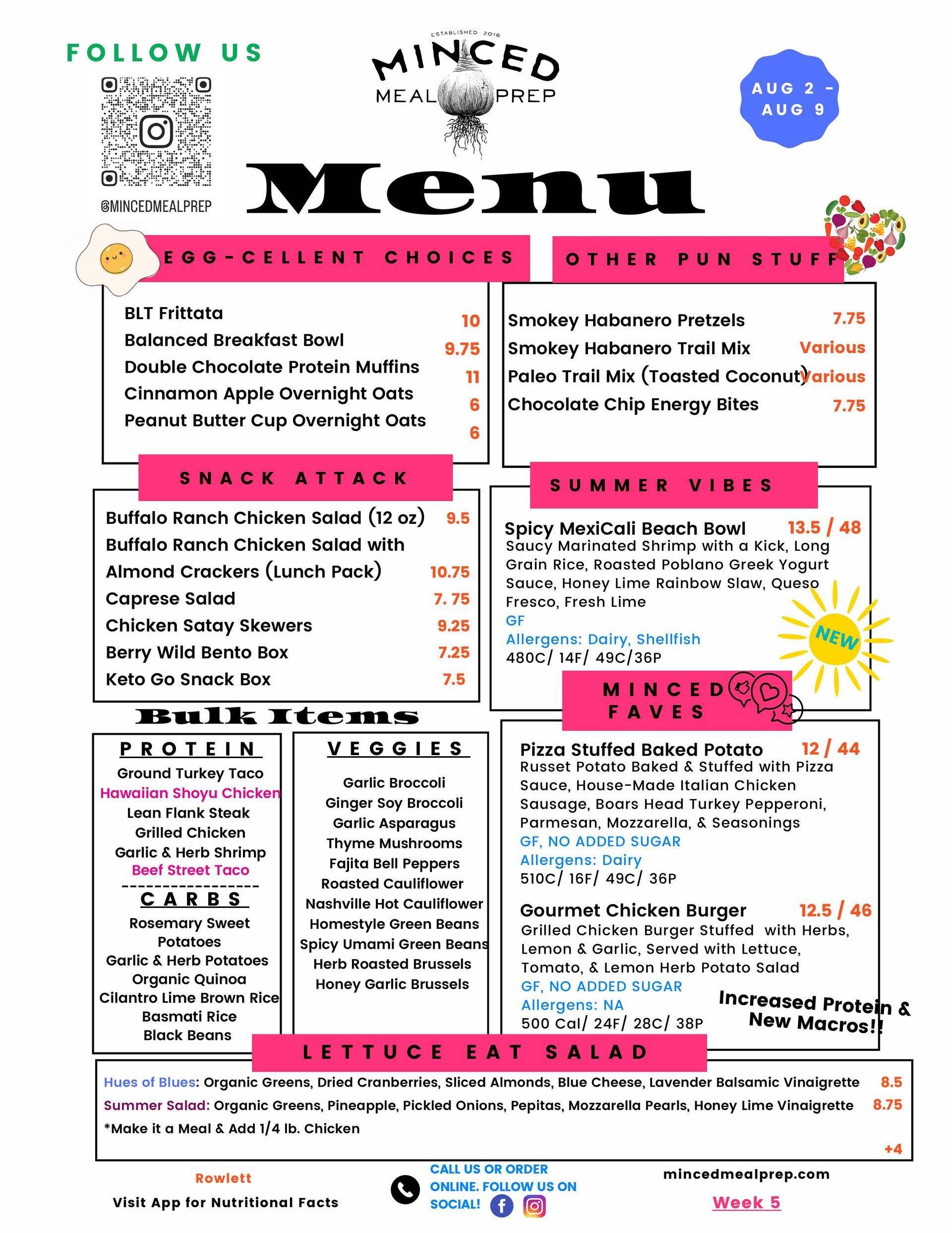 A menu for a restaurant called minced