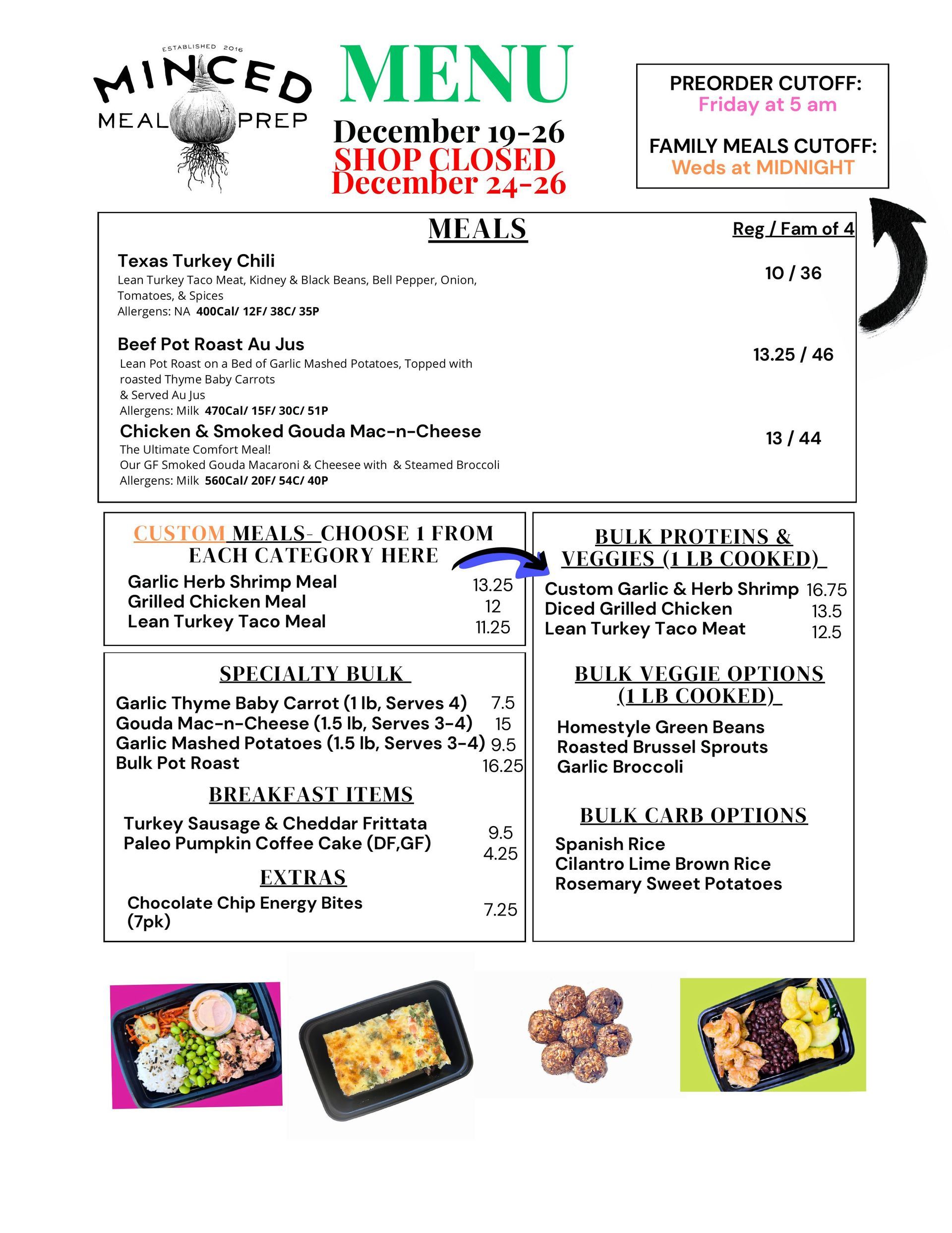 A menu for a restaurant called minced