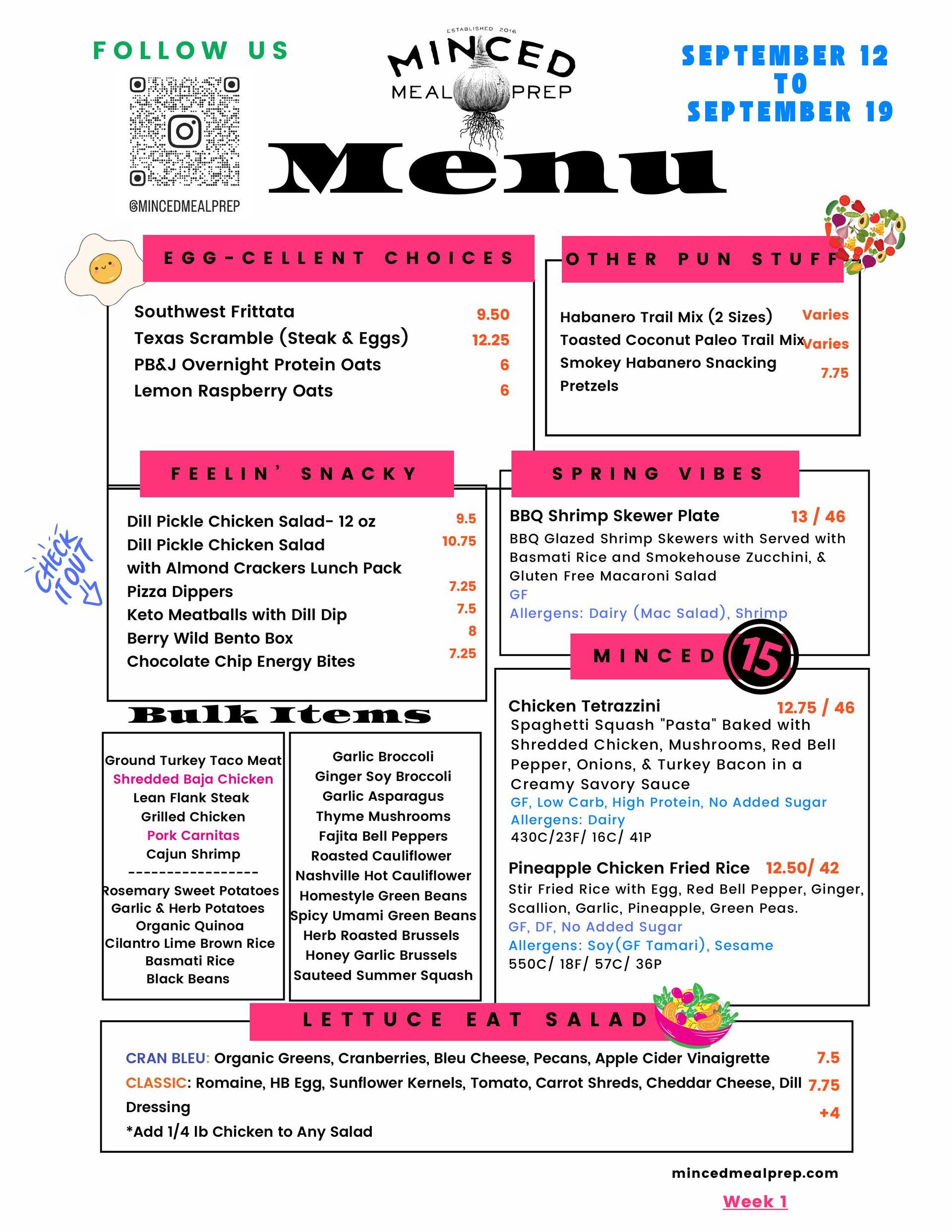 A menu for a restaurant called minced