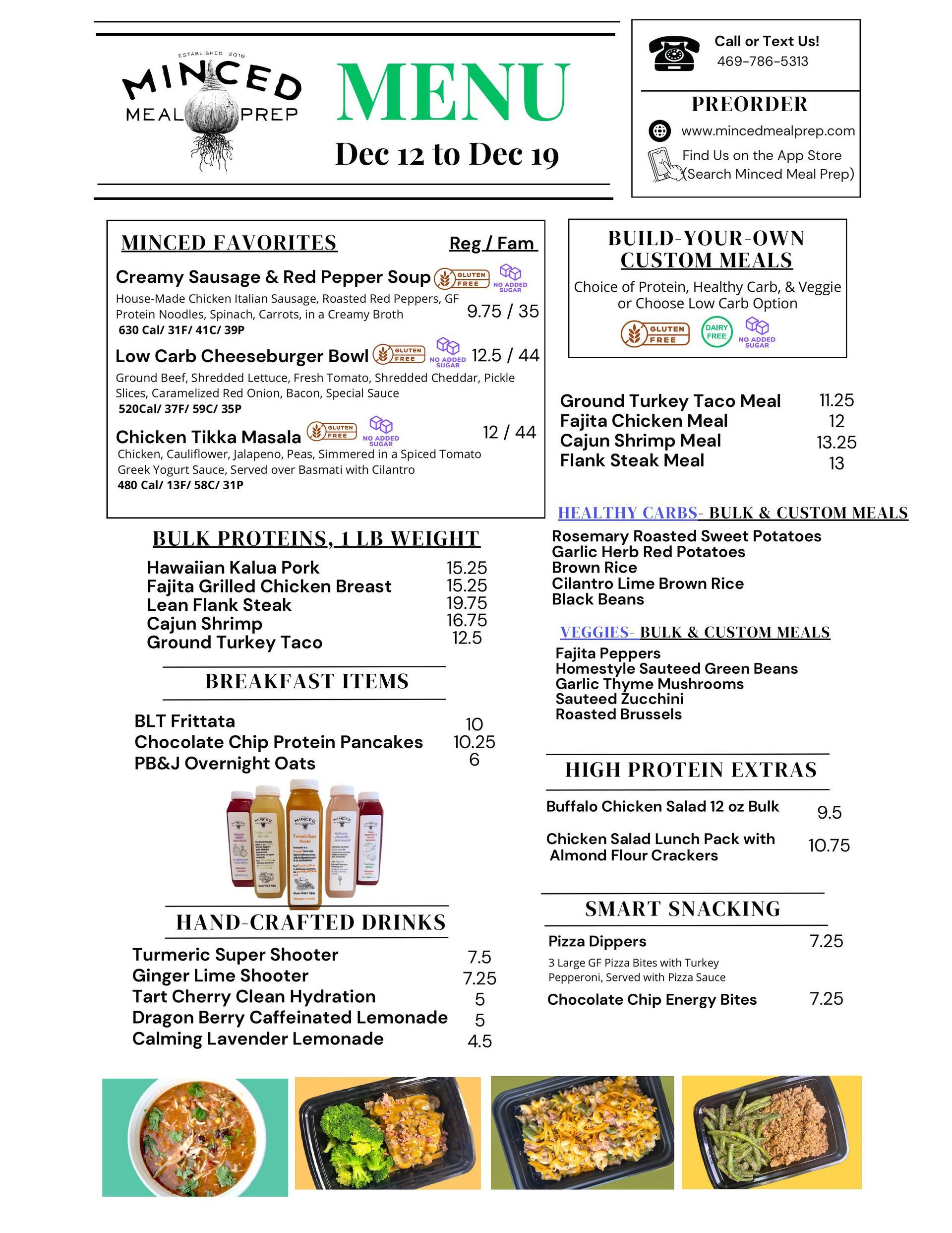 A menu for a restaurant called minced