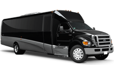 A black and silver ford bus is parked on a white background.