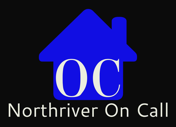 A blue house silhouette containing white letters "OC" above the white text "Northriver On Call" on a black background.
