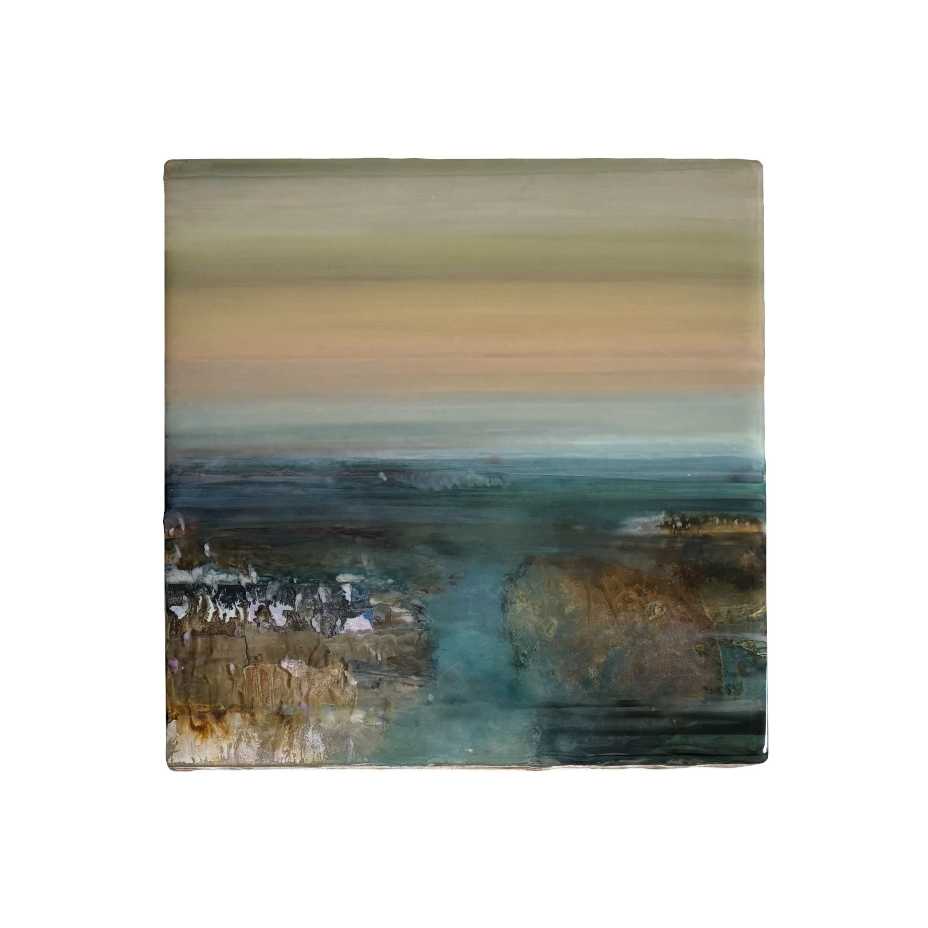 Kunstwerk met de titel zwoel zee zicht (Hedendaagse kunst/ abstract expressionisme/ gemengde technieken kunstwerk/ moderne Nederlandse kunst/ natuur geïnspireerde kunst)