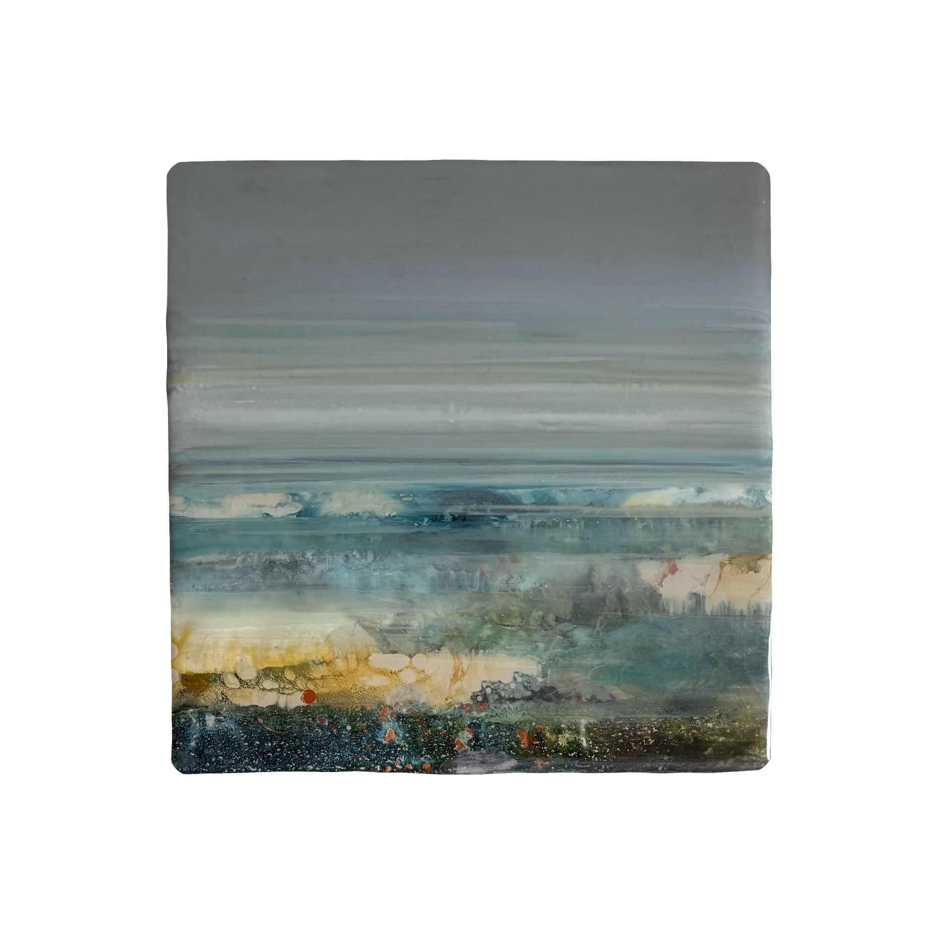 Kunstwerk met de titel zwoel zee zicht (Hedendaagse kunst/ abstract expressionisme/ gemengde technieken kunstwerk/ moderne Nederlandse kunst/ natuur geïnspireerde kunst)