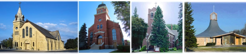 Four small photos of buildings: a yellow church, red brick chapel, tall evergreen, and a wooden church by trees.