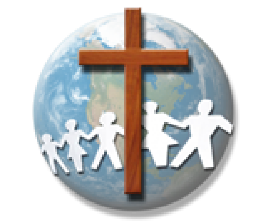 Wooden cross over a globe with paper people figures holding hands around it