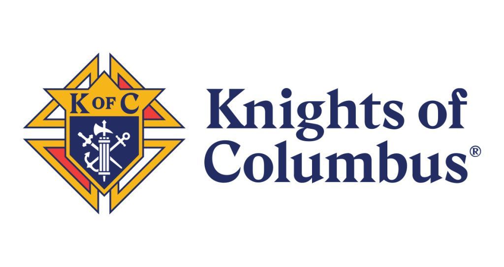 Knights of Columbus logo with gold emblem and blue text on white background