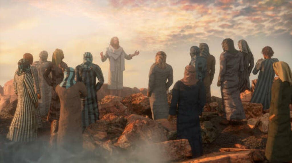 A robed figure stands on a rocky hill, addressing a group of people in a hazy sunset scene.