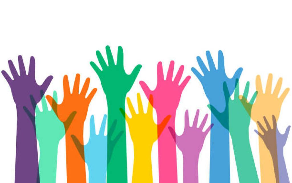 Colorful raised hands reaching up, symbolizing diversity, teamwork, or celebration.
