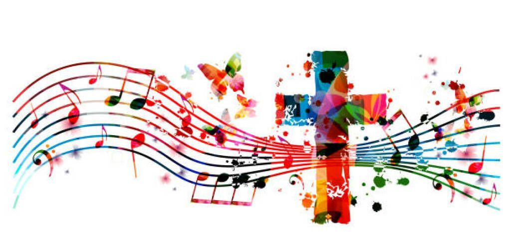 Colorful musical notes and staff lines flowing around a multicolored cross on a white background