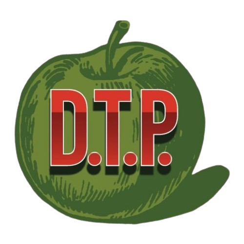 A green apple with the word d.t.p. on it