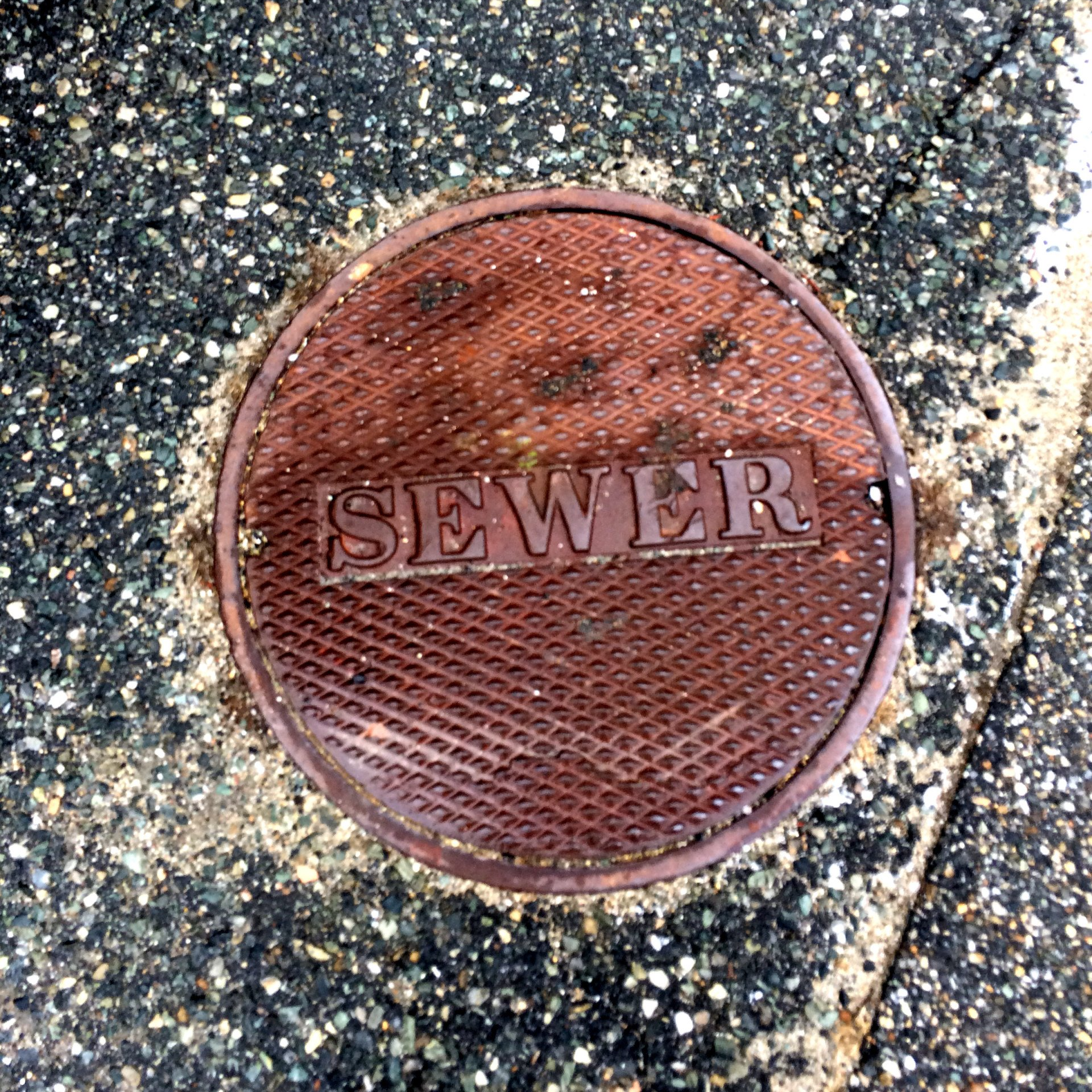 A rusty manhole cover with the word sewer written on it.