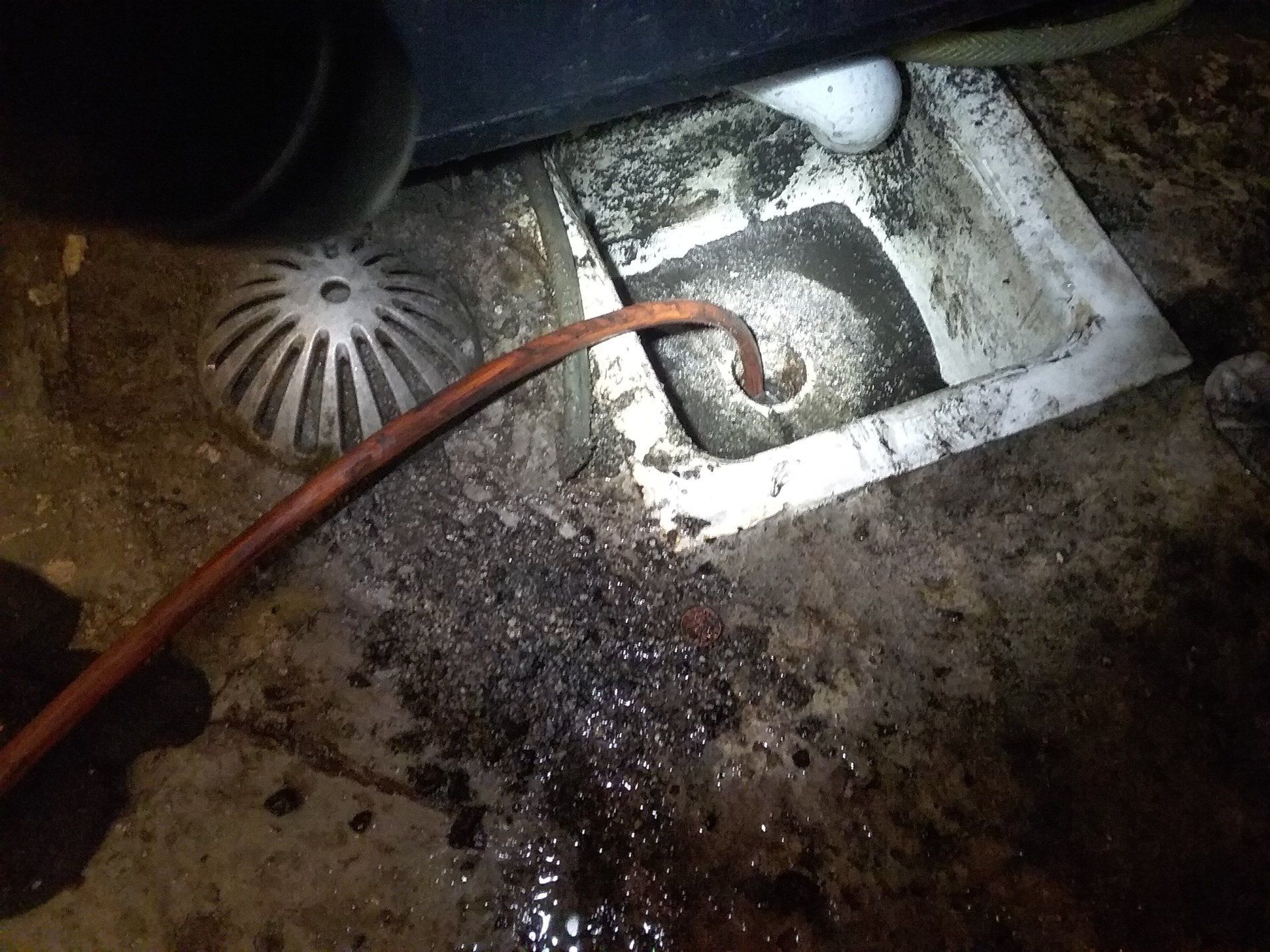 A hose is connected to a drain on the floor.
