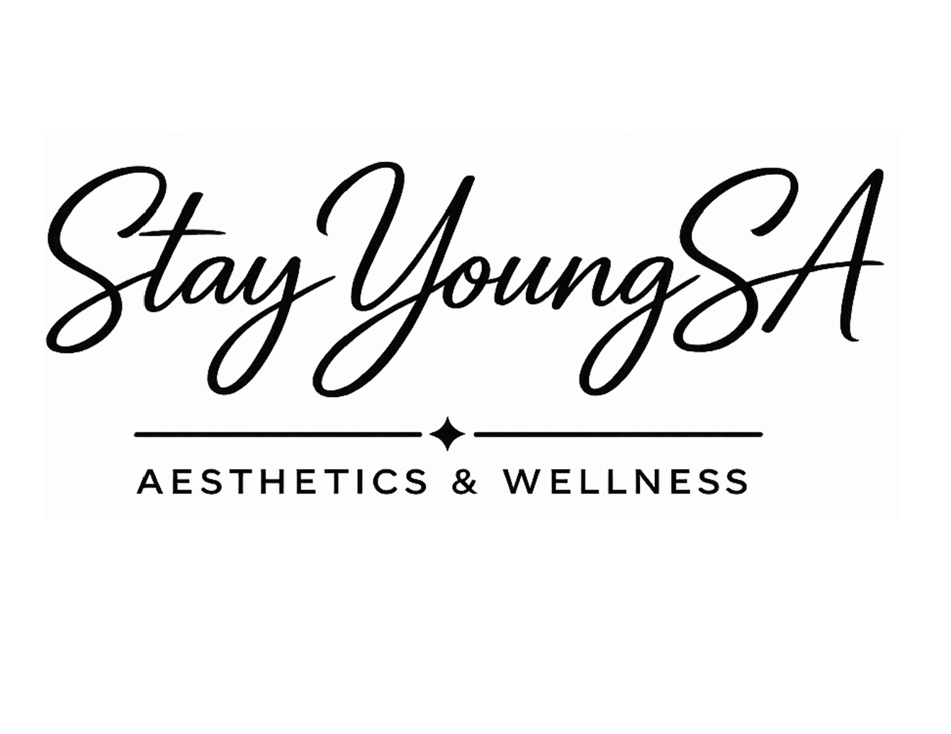 The logo for stay young sa medical spa is black and red.