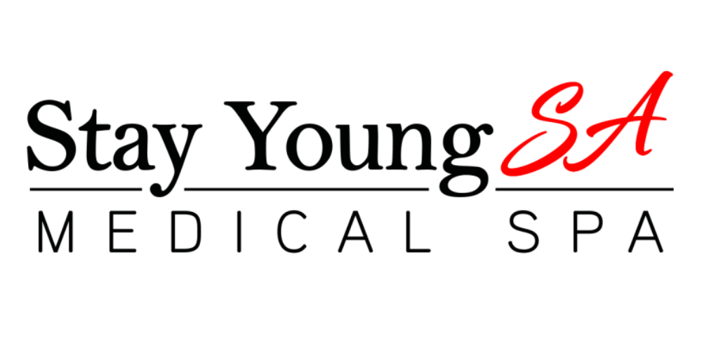 The logo for stay young sa medical spa is black and red.