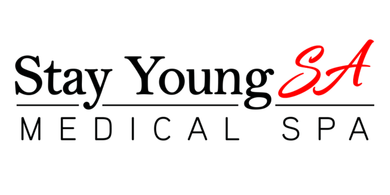 The logo for stay young sa medical spa is black and red.