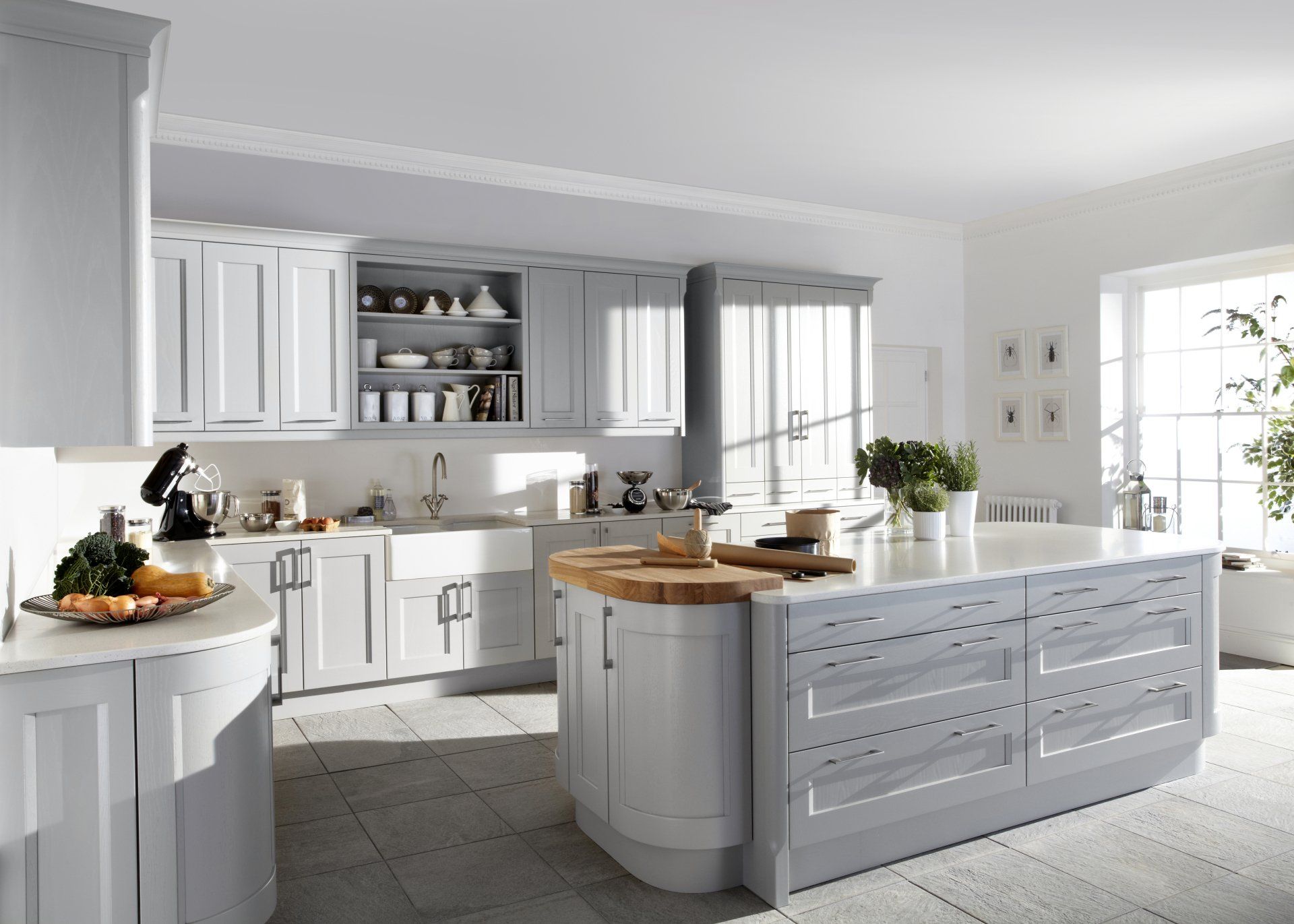 Kew Soft Grey Kitchen classic kitchen with double belfast, open storage feature and curved door units