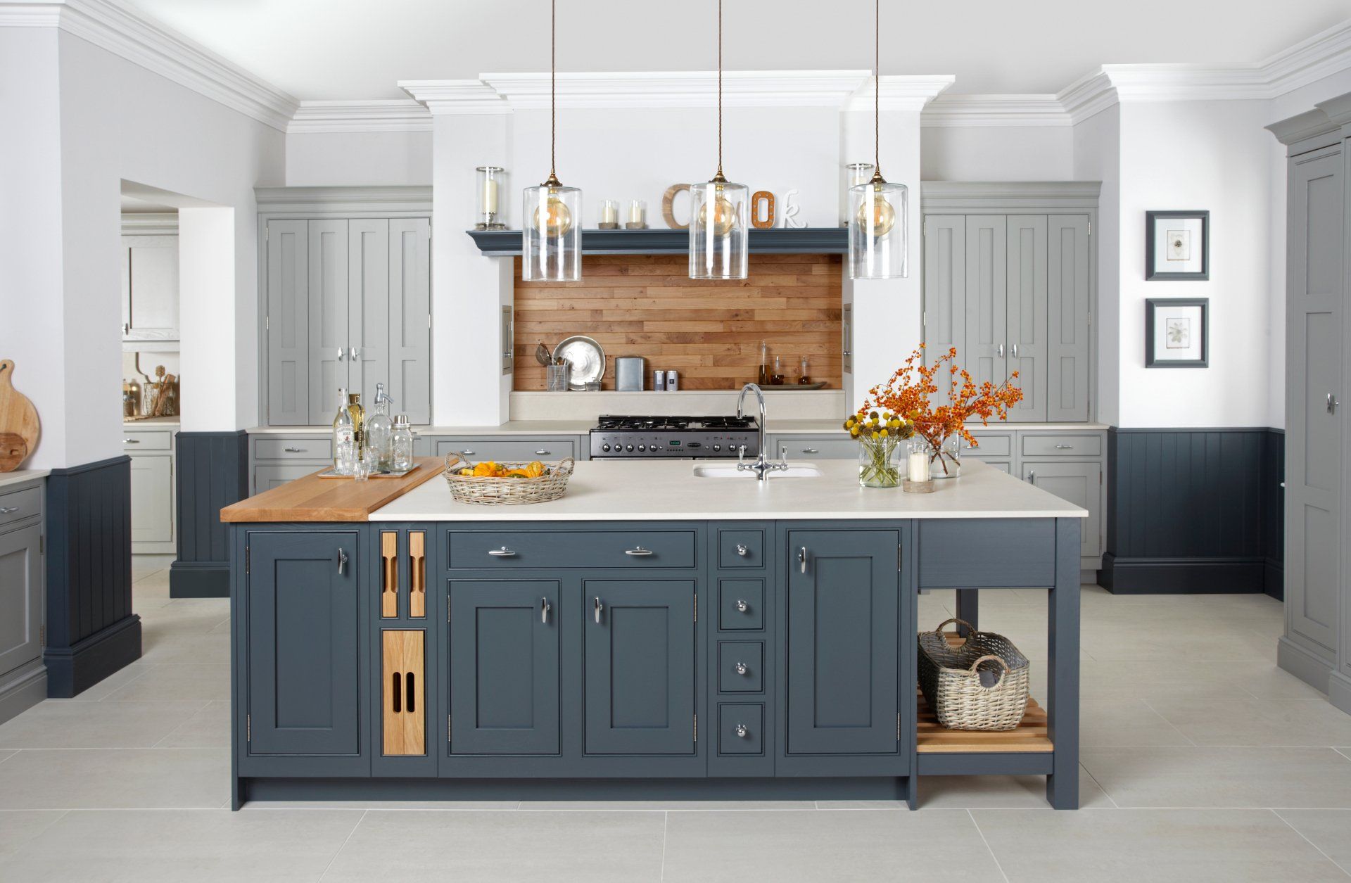 Shaker kitchen with mantle and large island, grey floor