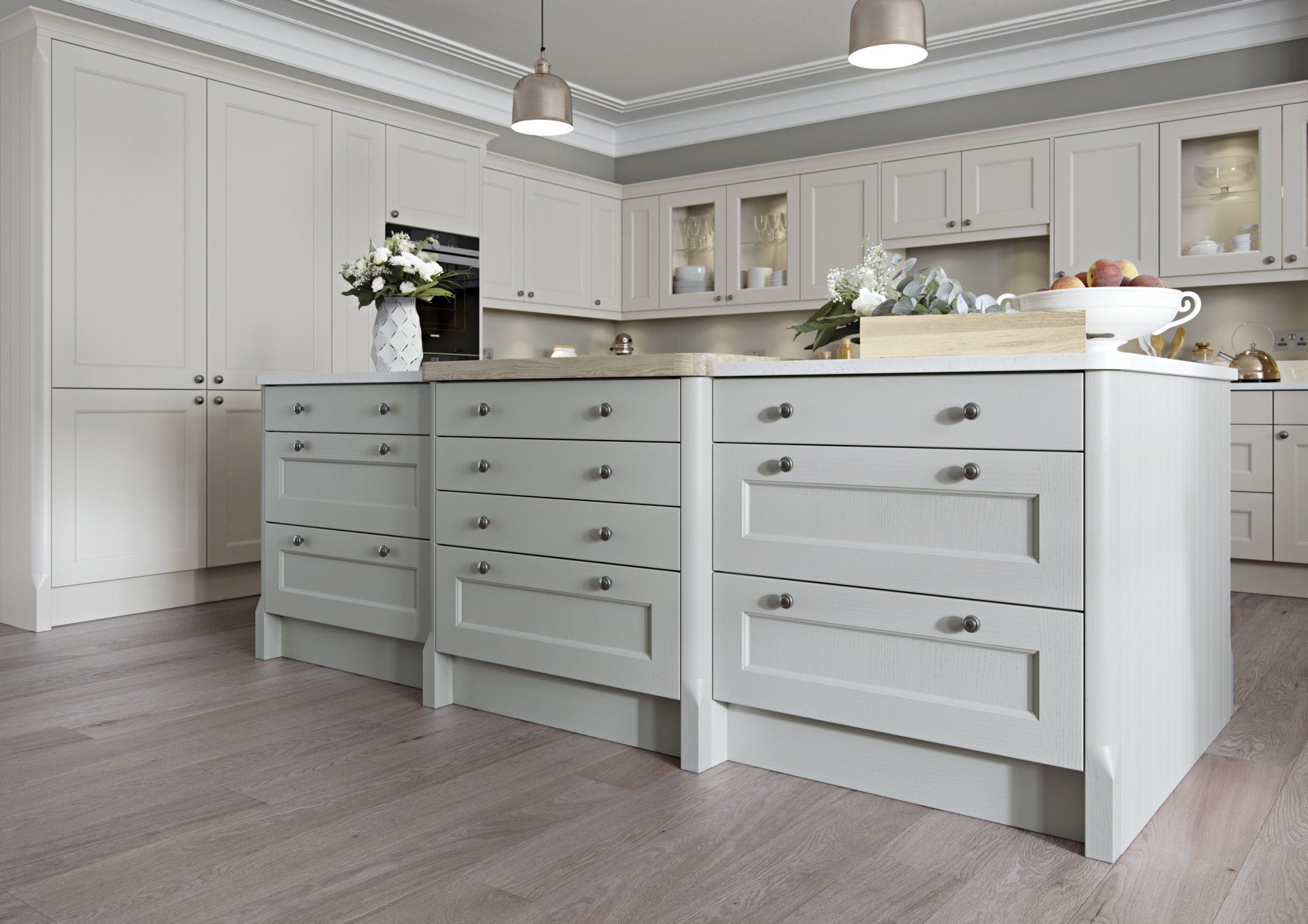 Finsbury Goosebury kitchen with curved pilasters with 3 drawer and 4 drawer sets on island