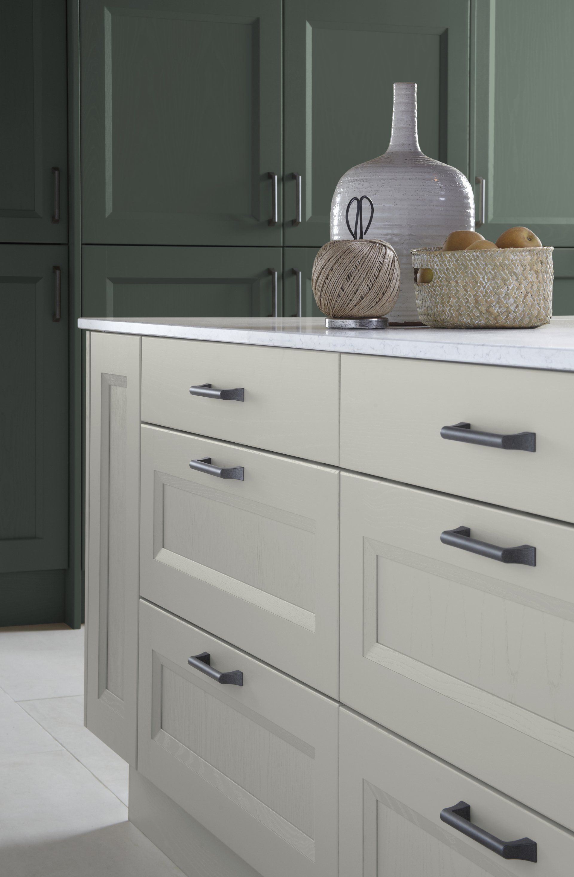 Gresham Smoke and Thyme Three drawers narrow one for cutlery and two deep for pans with k171 antique grey handle