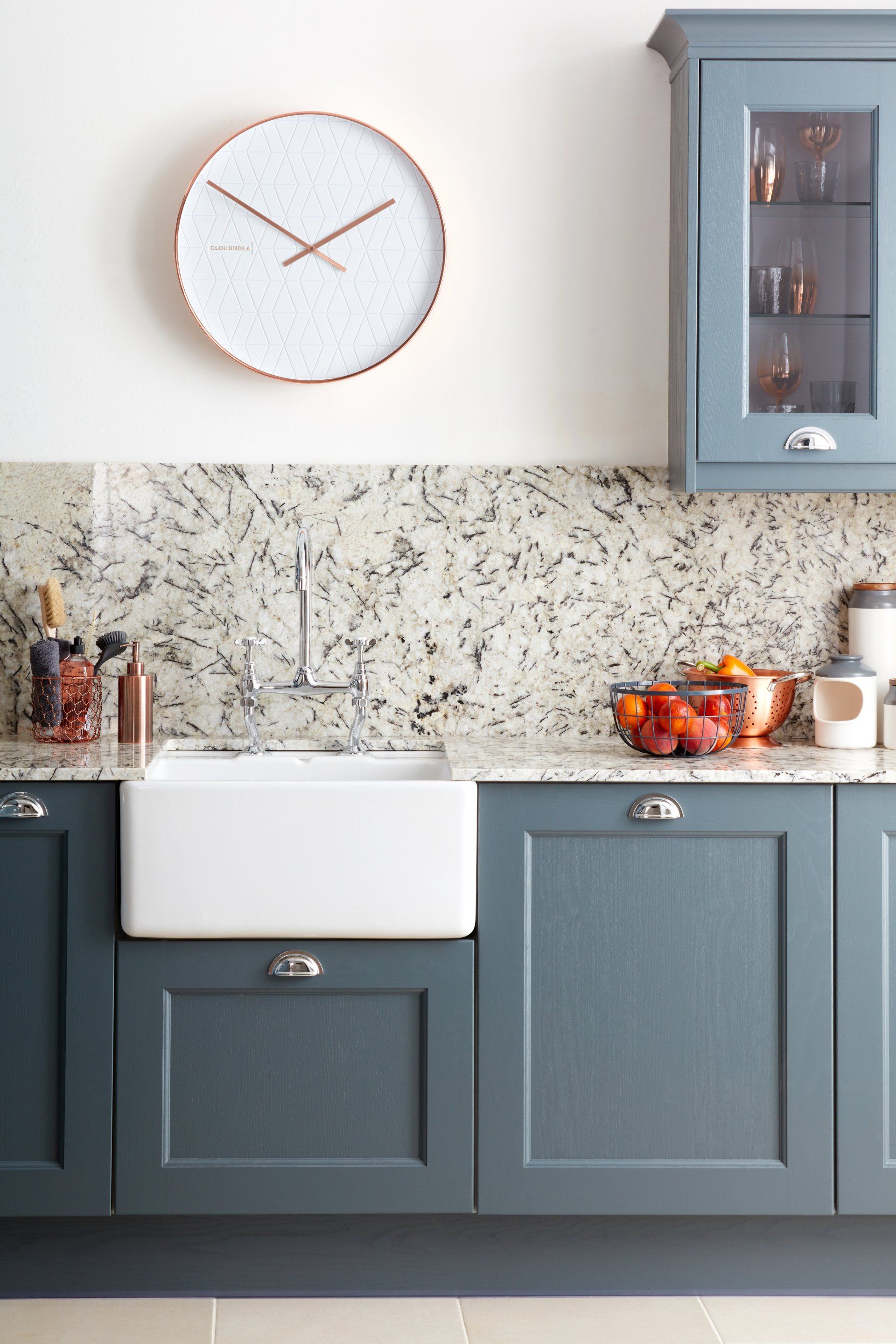 Finsbury Seal Grey kitchen with gold round clock and belfast sink