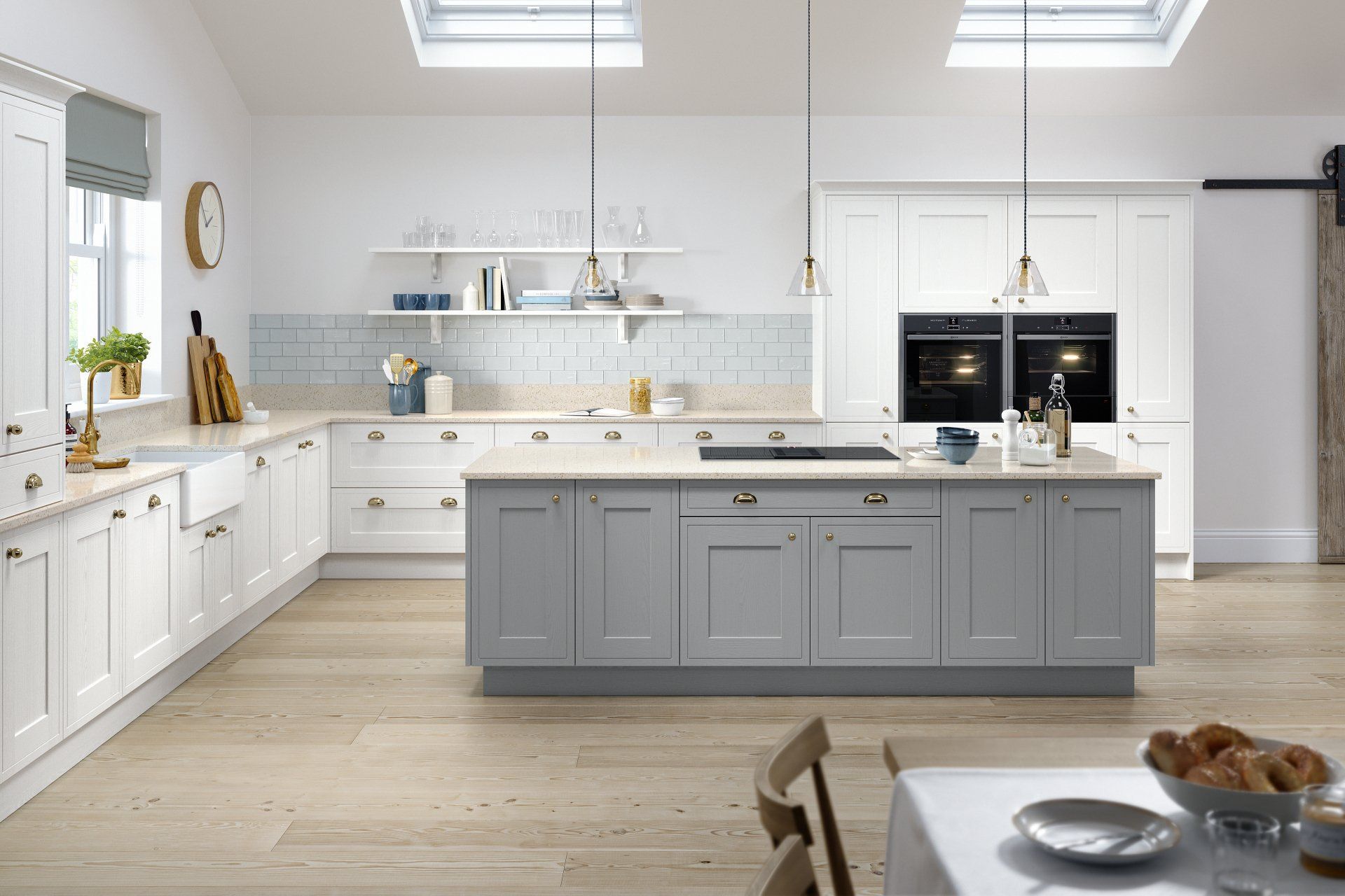 Chartwell Soft Grey and Pale Smoke kitchen with painted shelves, gold cup handles  and knobs.