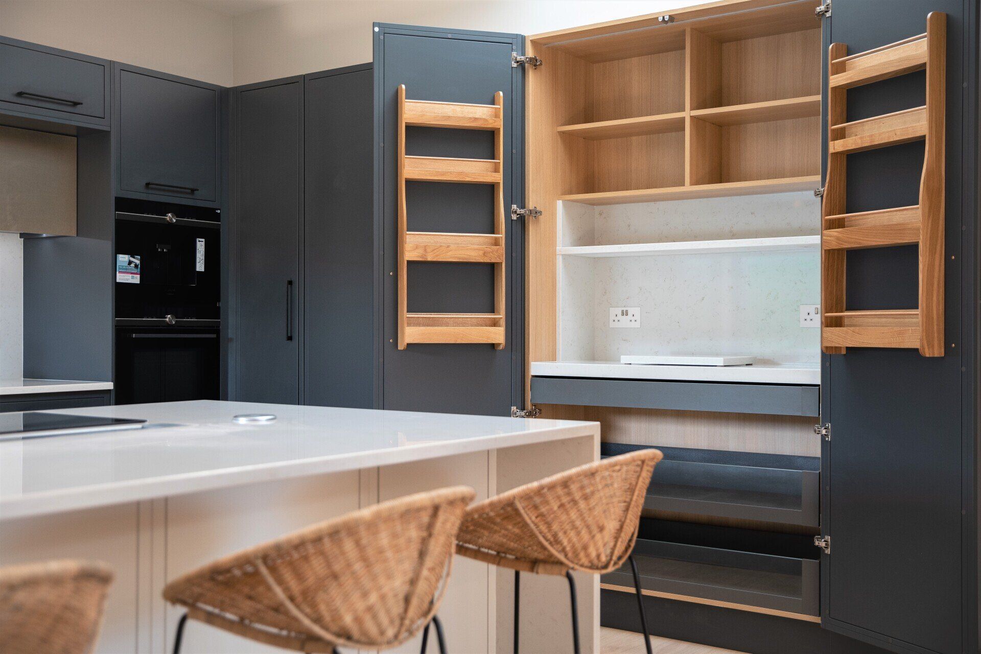Enfield Graphite Larder with glass drawers and cold shelf in quartz