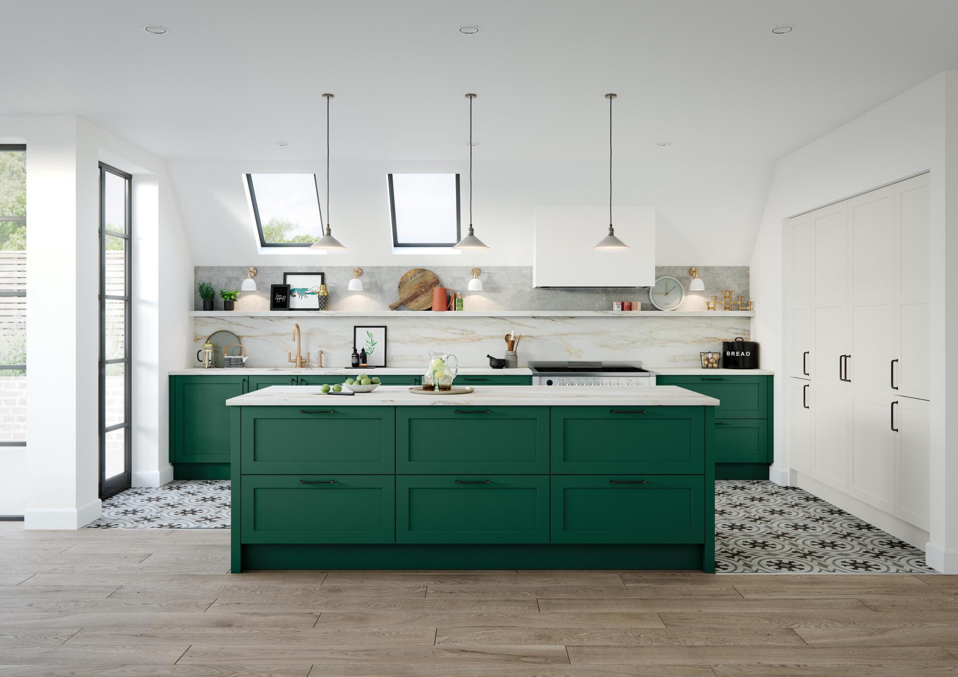 Fenton Mallard Green Island with quartz marble worktop, splashback and shelf hidden box extractor